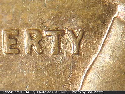 Die-stage B marker on 1955D•1MM•014 (1955 Repunched Mint Mark).