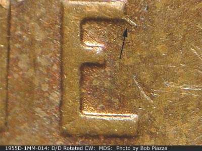 Die-stage B marker on 1955D•1MM•014 (1955 Repunched Mint Mark).