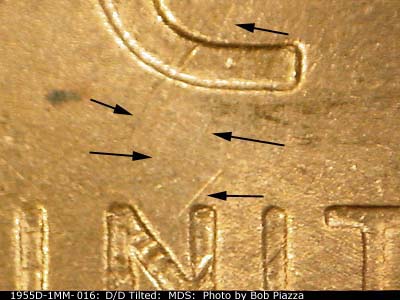 Die-stage B marker on 1955D•1MM•016 (1955 Repunched Mint Mark).