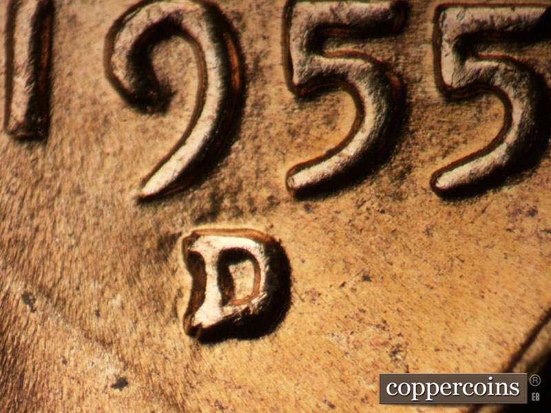 Die-stage A marker on 1955D•1MM•017 (1955 Repunched Mint Mark).