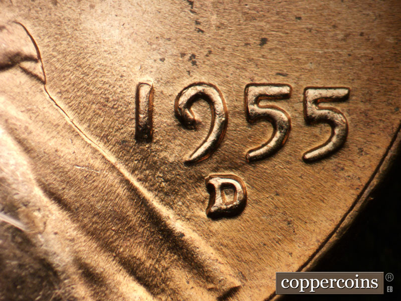 Die-stage A marker on 1955D•1MM•017 (1955 Repunched Mint Mark).
