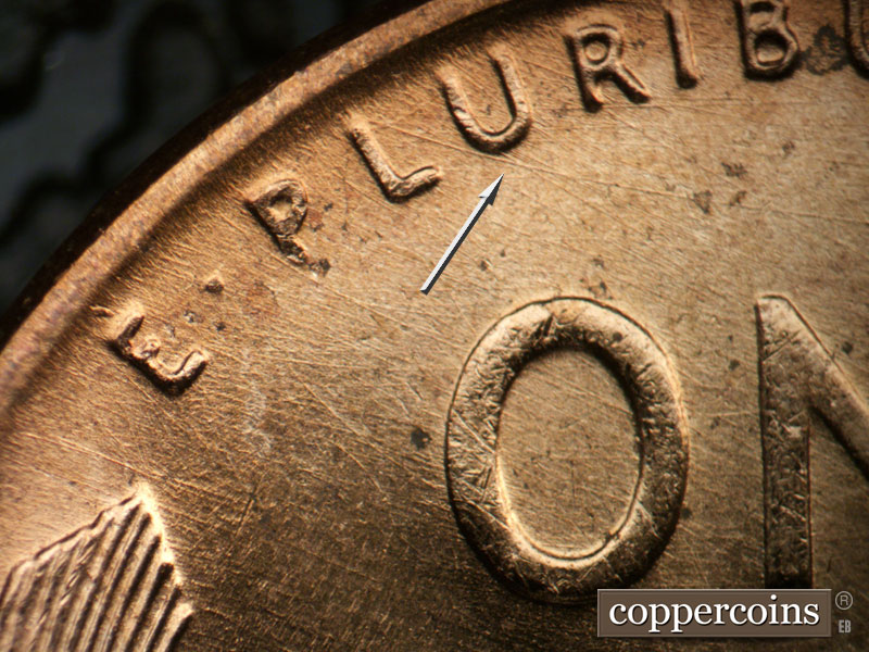 Die-stage A marker on 1955D•1MM•017 (1955 Repunched Mint Mark).