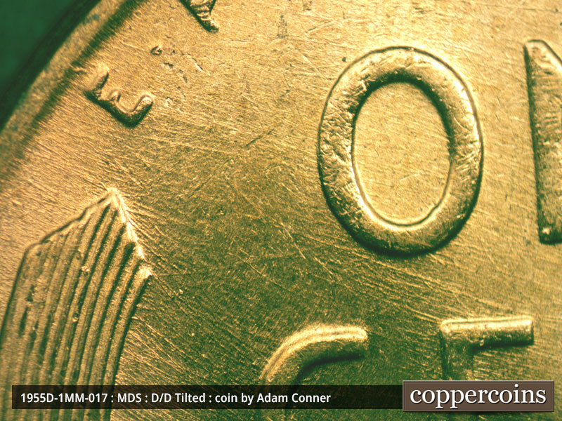Die-stage B marker on 1955D•1MM•017 (1955 Repunched Mint Mark).