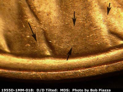 Die-stage B marker on 1955D•1MM•018 (1955 Repunched Mint Mark).