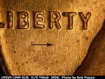 Die-stage B marker on 1955D•1MM•018 (1955 Repunched Mint Mark).