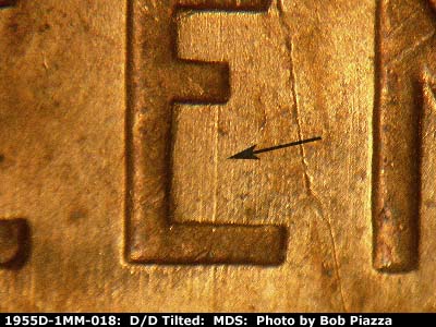 Die-stage B marker on 1955D•1MM•018 (1955 Repunched Mint Mark).