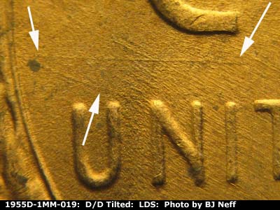 Die-stage C marker on 1955D•1MM•019 (1955 Repunched Mint Mark).