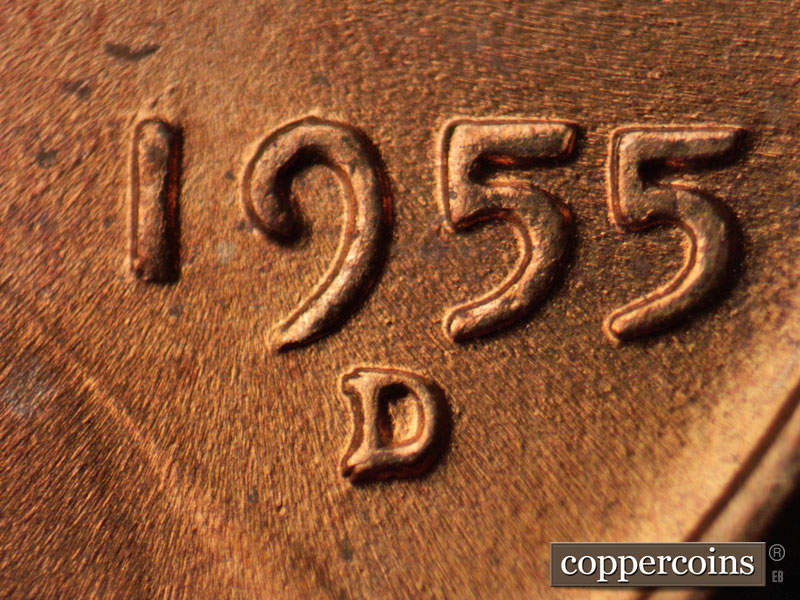 1955 Lincoln cent obverse, CopperCoins die 1955D•1MM•020.