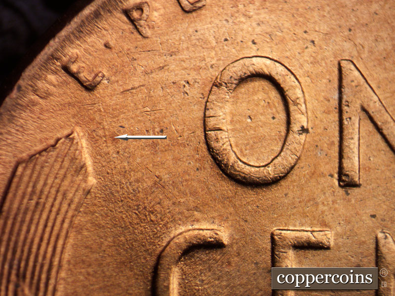 Die-stage B marker on 1955D•1MM•020 (1955 Repunched Mint Mark).