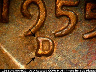 1955 Lincoln cent obverse, CopperCoins die 1955D•1MM•022.