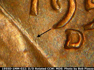 Die-stage B marker on 1955D•1MM•022 (1955 Repunched Mint Mark).