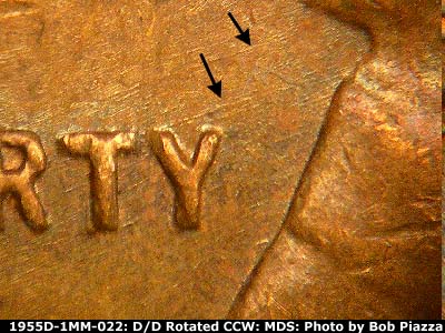 Die-stage B marker on 1955D•1MM•022 (1955 Repunched Mint Mark).