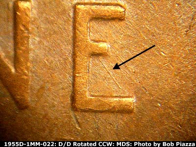 Die-stage B marker on 1955D•1MM•022 (1955 Repunched Mint Mark).