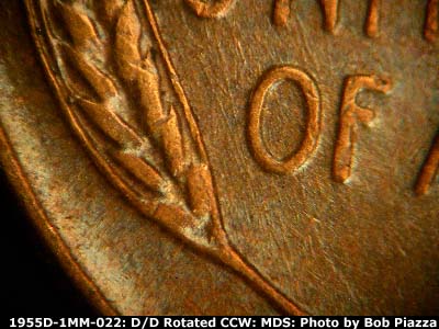 Die-stage B marker on 1955D•1MM•022 (1955 Repunched Mint Mark).