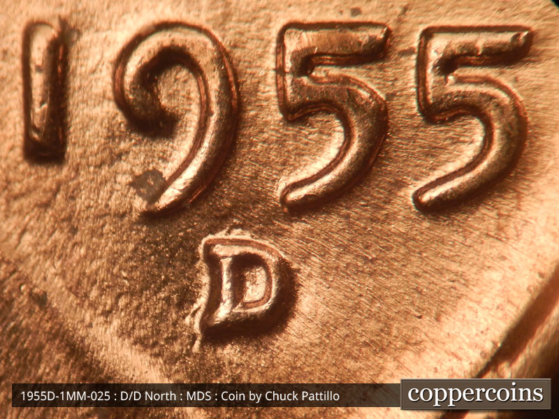 Die-stage B marker on 1955D•1MM•025 (1955 Repunched Mint Mark).