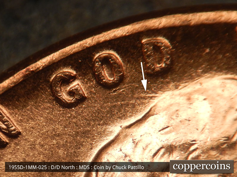 Die-stage B marker on 1955D•1MM•025 (1955 Repunched Mint Mark).