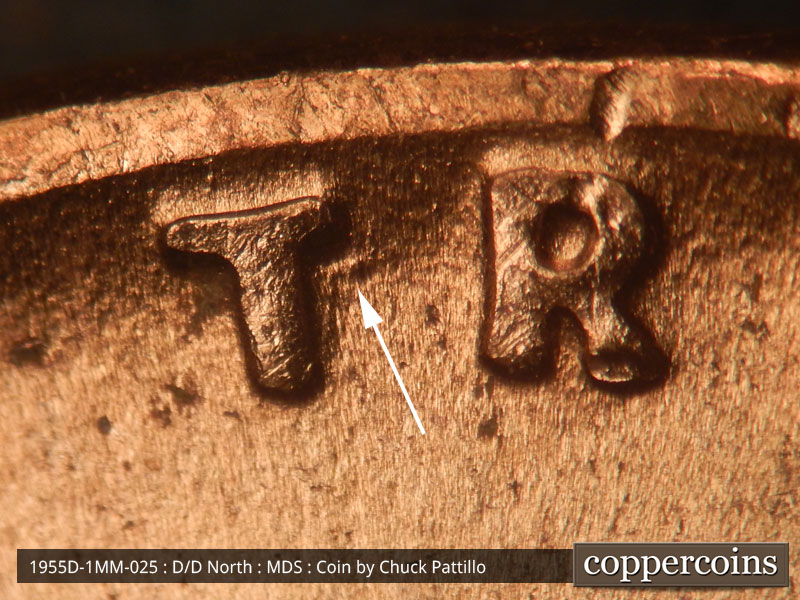 Die-stage B marker on 1955D•1MM•025 (1955 Repunched Mint Mark).