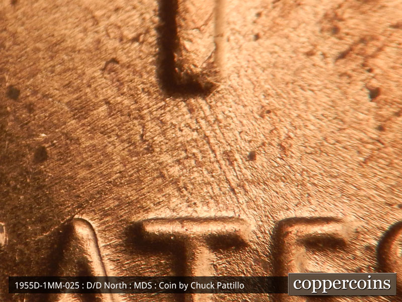 Die-stage B marker on 1955D•1MM•025 (1955 Repunched Mint Mark).