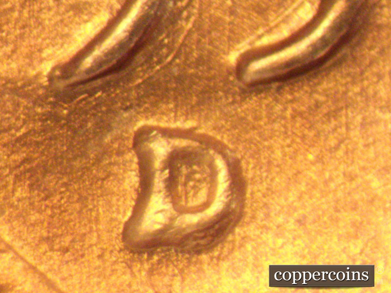 Die-stage A marker on 1955D•1MM•027 (1955 Repunched Mint Mark).
