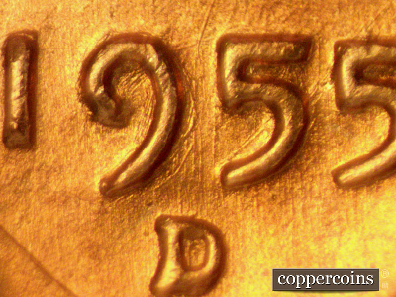 Die-stage A marker on 1955D•1MM•027 (1955 Repunched Mint Mark).