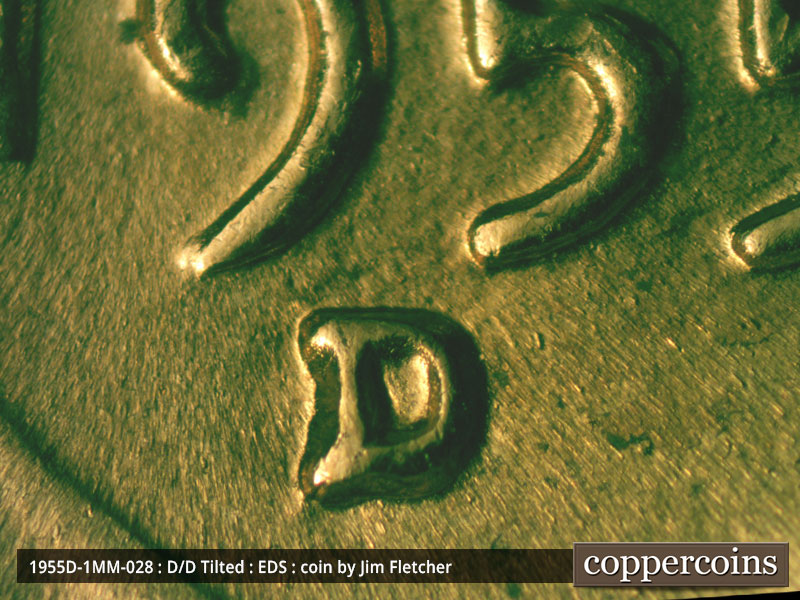 Die-stage A marker on 1955D•1MM•028 (1955 Repunched Mint Mark).