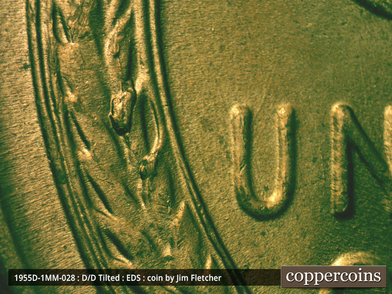 Die-stage A marker on 1955D•1MM•028 (1955 Repunched Mint Mark).