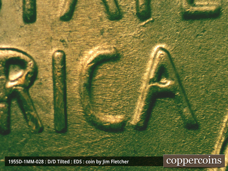 Die-stage A marker on 1955D•1MM•028 (1955 Repunched Mint Mark).