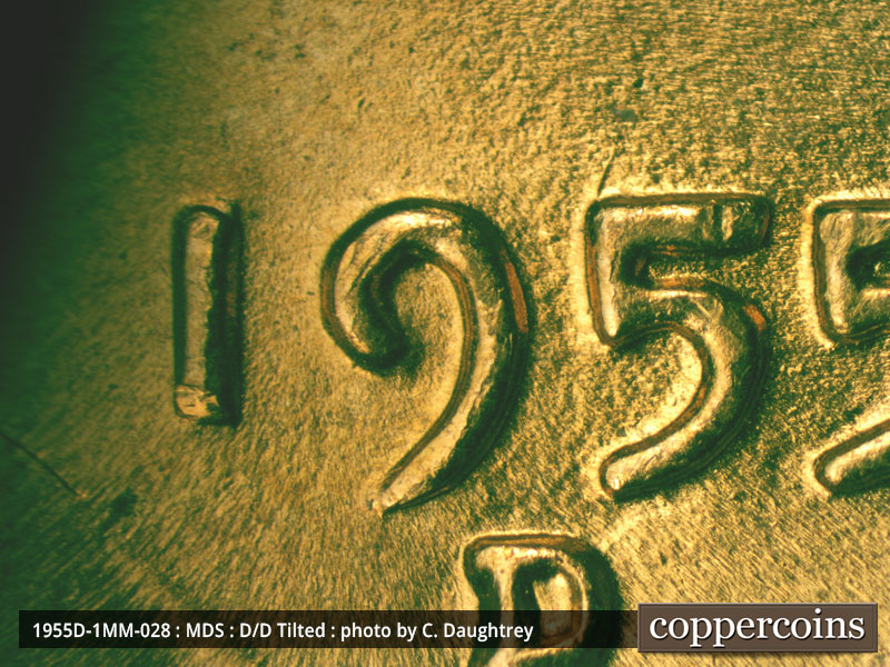 Die-stage B marker on 1955D•1MM•028 (1955 Repunched Mint Mark).