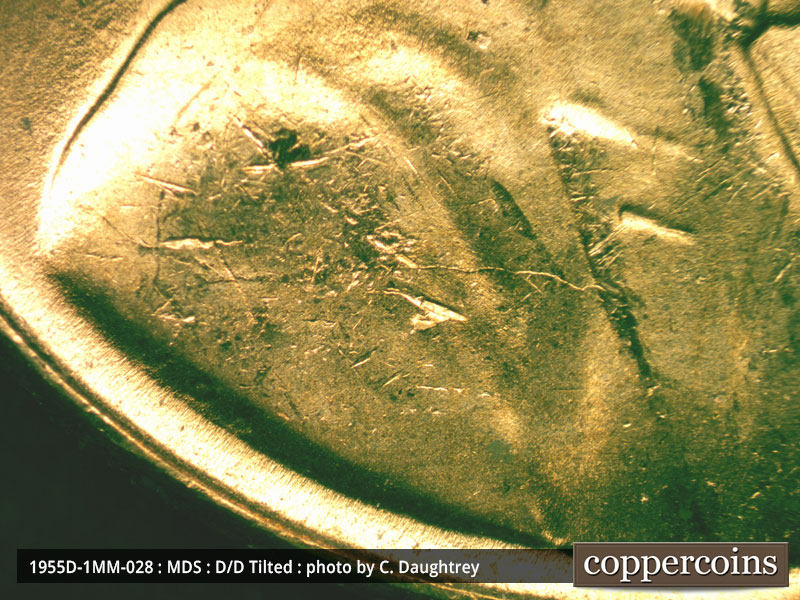 Die-stage B marker on 1955D•1MM•028 (1955 Repunched Mint Mark).