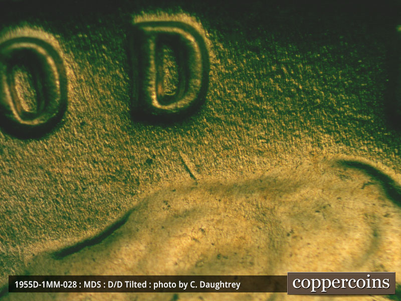 Die-stage B marker on 1955D•1MM•028 (1955 Repunched Mint Mark).