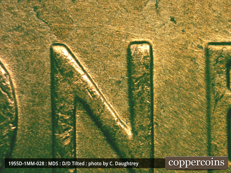 Die-stage B marker on 1955D•1MM•028 (1955 Repunched Mint Mark).