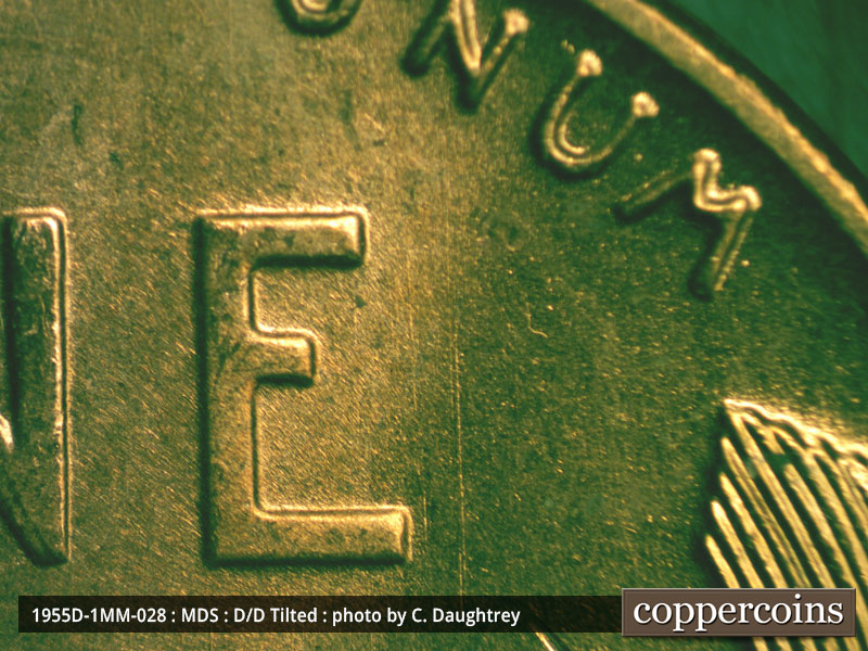 Die-stage B marker on 1955D•1MM•028 (1955 Repunched Mint Mark).