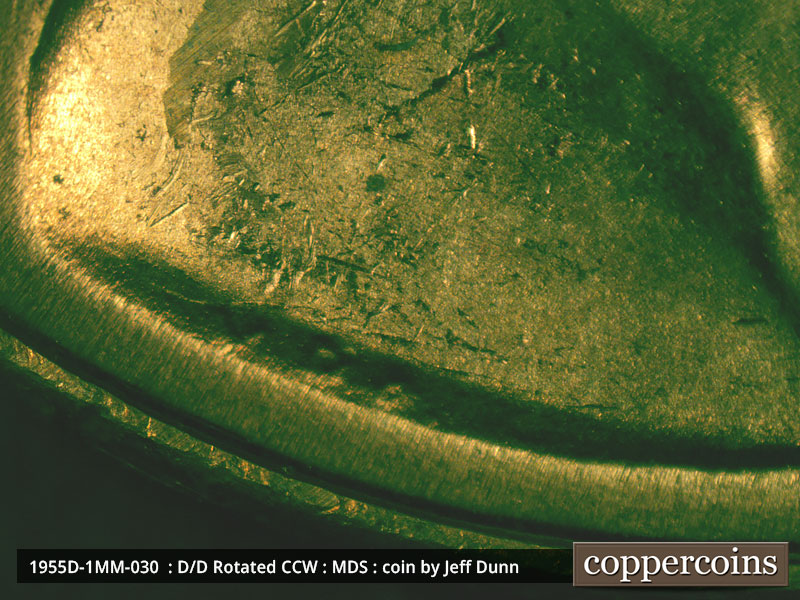 Die-stage B marker on 1955D•1MM•030 (1955 Repunched Mint Mark).
