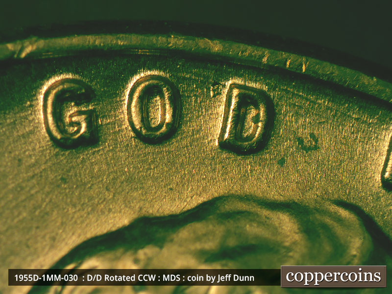 Die-stage B marker on 1955D•1MM•030 (1955 Repunched Mint Mark).