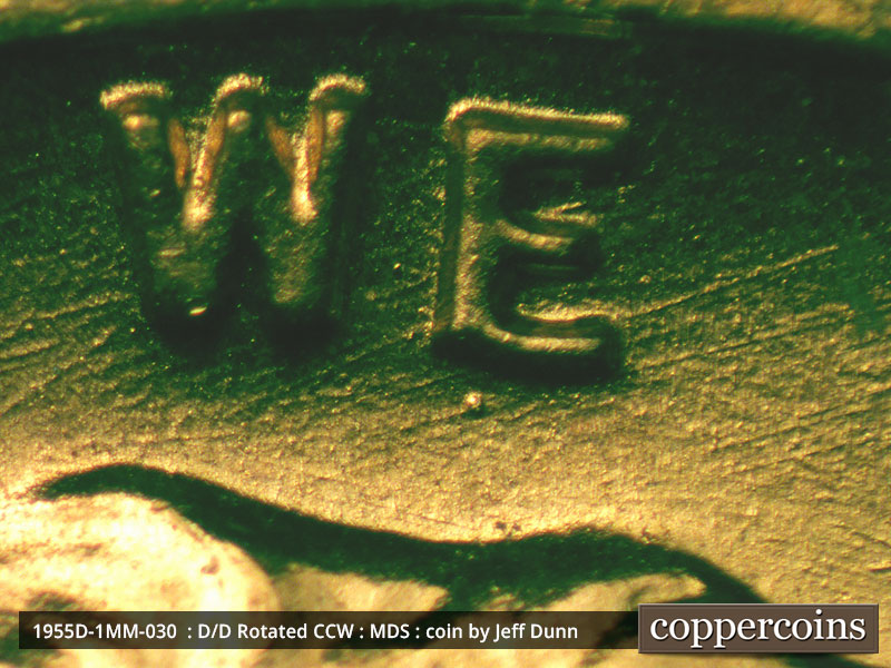 Die-stage B marker on 1955D•1MM•030 (1955 Repunched Mint Mark).