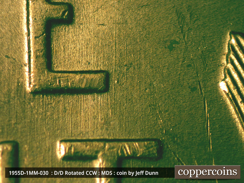 Die-stage B marker on 1955D•1MM•030 (1955 Repunched Mint Mark).