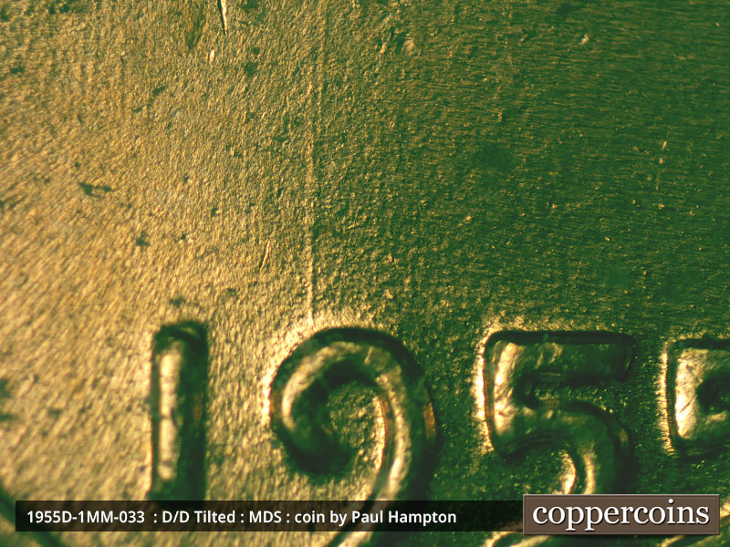 Die-stage B marker on 1955D•1MM•033 (1955 Repunched Mint Mark).