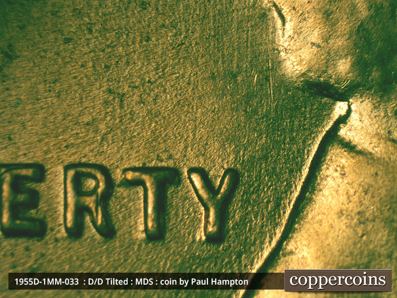 Die-stage B marker on 1955D•1MM•033 (1955 Repunched Mint Mark).
