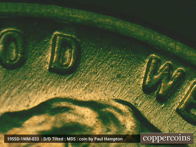 Die-stage B marker on 1955D•1MM•033 (1955 Repunched Mint Mark).