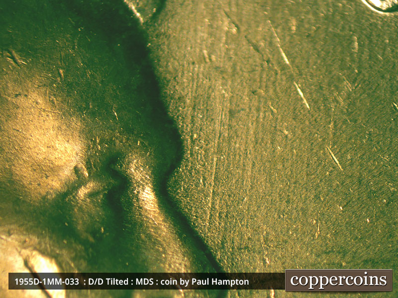 Die-stage B marker on 1955D•1MM•033 (1955 Repunched Mint Mark).