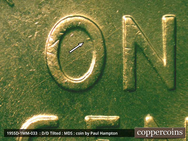 Die-stage B marker on 1955D•1MM•033 (1955 Repunched Mint Mark).