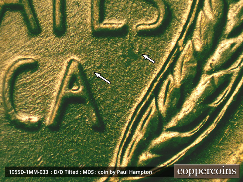 Die-stage B marker on 1955D•1MM•033 (1955 Repunched Mint Mark).