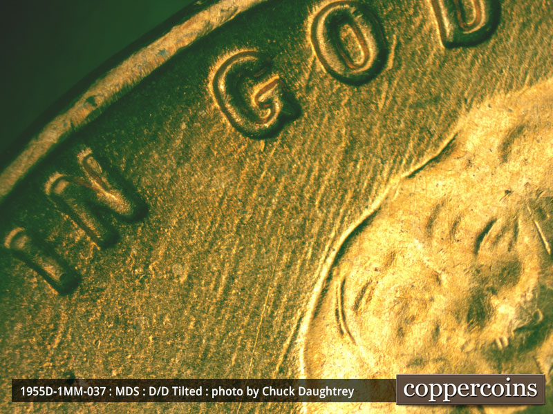 Die-stage B marker on 1955D•1MM•037 (1955 Repunched Mint Mark).