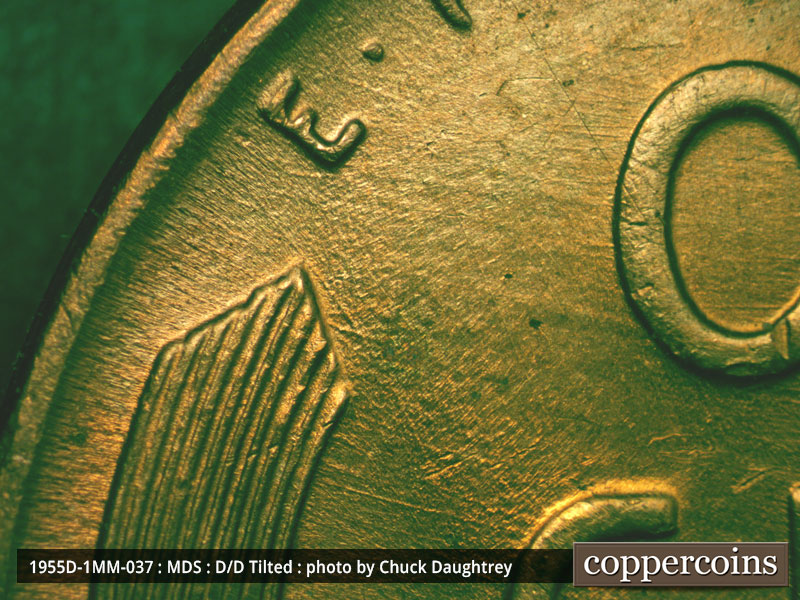 Die-stage B marker on 1955D•1MM•037 (1955 Repunched Mint Mark).