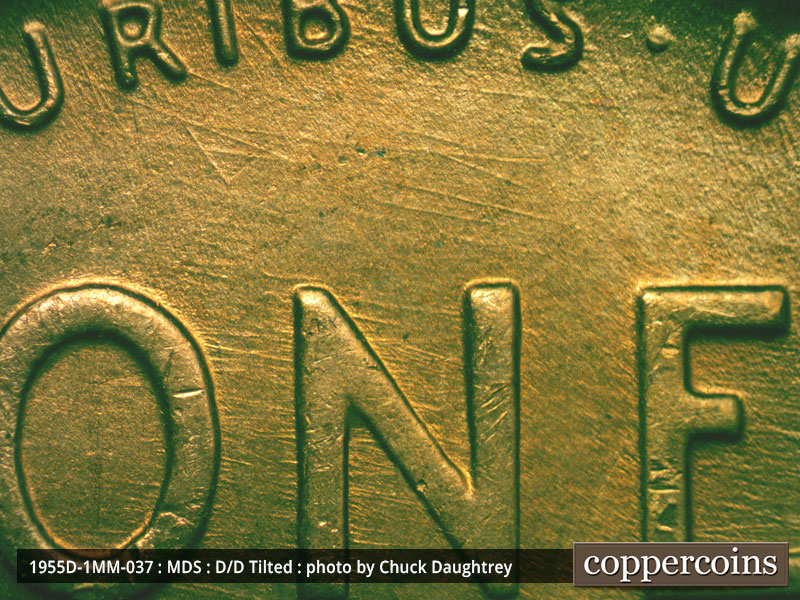 Die-stage B marker on 1955D•1MM•037 (1955 Repunched Mint Mark).