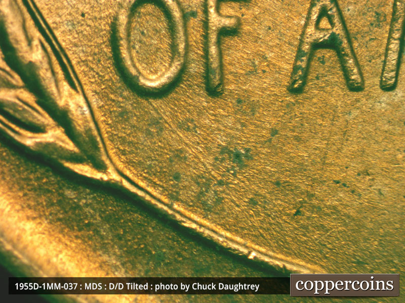 Die-stage B marker on 1955D•1MM•037 (1955 Repunched Mint Mark).