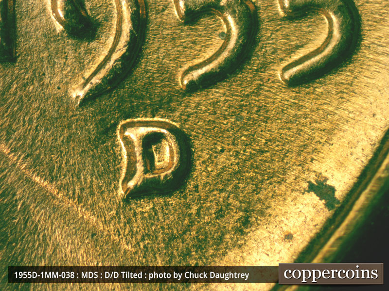 1955 Lincoln cent obverse, CopperCoins die 1955D•1MM•038.