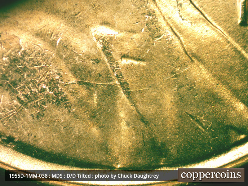 Die-stage B marker on 1955D•1MM•038 (1955 Repunched Mint Mark).