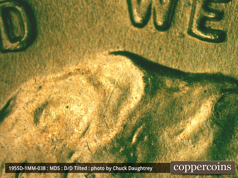Die-stage B marker on 1955D•1MM•038 (1955 Repunched Mint Mark).