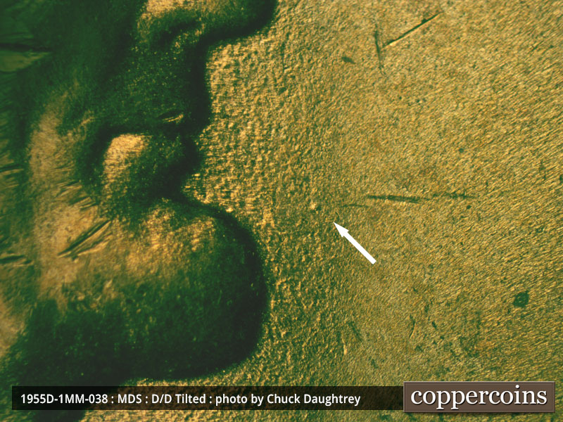 Die-stage B marker on 1955D•1MM•038 (1955 Repunched Mint Mark).